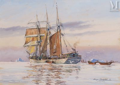 tableau représentant un voilier sur l'eau, avec un bateau en arrière-plan
