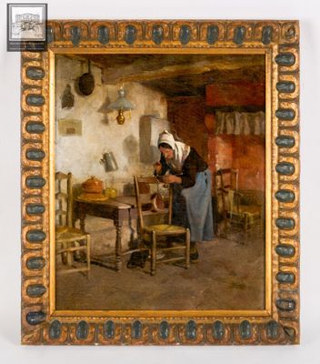 tableau représentant une femme dans une cuisine avec une table et des chaises