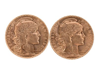 Deux pièces de 20 Francs or de coq de 1907, (usures). - Photo 1