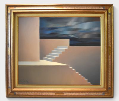 an image of a painting of a stairway going up to the sky