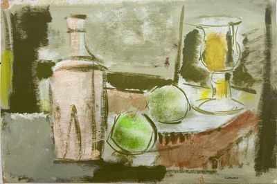 a painting of a still life with fruit and a bottle of wine