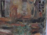 an oil painting of a cityscape with buildings in the background