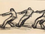 dessin représentant un groupe d'hommes jouant au tuge ball dans un champ