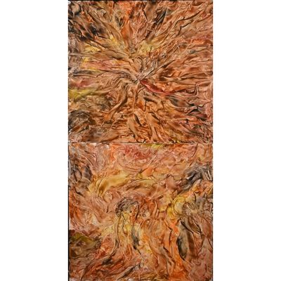 une peinture abstraite aux tons orange et marron sur fond blanc