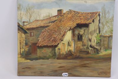 an oil painting of a house with a red roof on a white wall