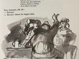 a drawing of a group of people sitting at a table