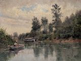 une peinture représentant un homme dans un bateau sur l'eau