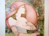 un tableau représentant une femme coiffée d'un chapeau rose