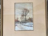 painting of a winter scene with a house and trees in the background