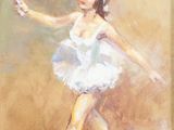 an oil painting of a ballerina in a white tutu and headband