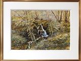 painting of a waterfall in a wooded area with trees and bushes