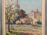 une peinture représentant une peinture d'un bâtiment et d'arbres dans un champ