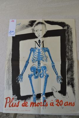 french poster of a skeleton in front of a picture of a man