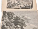 an old book with two pictures of people and animals in a landscape