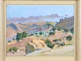 an oil painting of a landscape with hills and trees in the distance