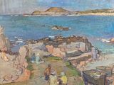 a painting of a group of people on the rocks by the water