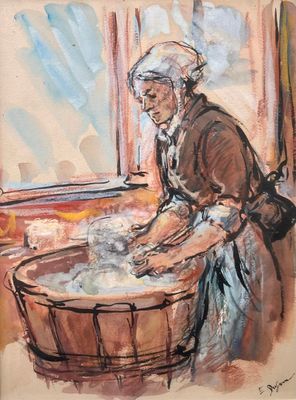 tableau représentant une vieille femme en train de se laver les mains dans un seau en bois