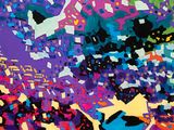 brightly colored abstract painting of a man riding a skateboard on a skateboard ramp