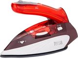 a close up of a red and white steam iron on a white background