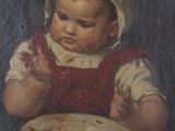 painting of a child eating a plate of food with a spoon