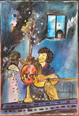 un tableau représentant un homme jouant de la guitare devant une fenêtre