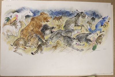 painting of a group of wild animals running in a field