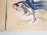 a painting of a woman in a blue dress on the wall