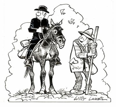 un vieux dessin animé représentant un homme à cheval à côté d'un autre homme à cheval