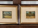 deux tableaux encadrés représentant un paysage, posés sur une étagère devant un miroir