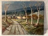 une peinture à l'huile représentant une route de campagne avec des arbres au premier plan