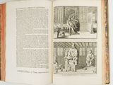 an open book with pictures of people and animals on it