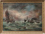 une peinture à l'huile représentant deux navires sur une mer agitée, avec le ciel en arrière-plan