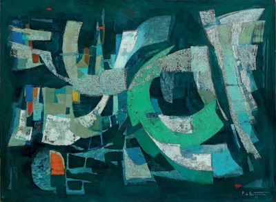 peinture abstraite représentant des formes vertes et bleues sur fond noir