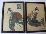 deux tableaux asiatiques encadrés représentant une femme et un chat