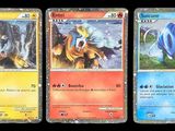 three different pokemon cards are shown on a black background
