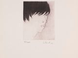 an image of a black and white drawing of a woman ' s face