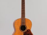 a close up of an acoustic guitar on a white background