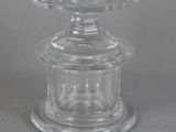 a clear glass bowl on a pedestal on a table