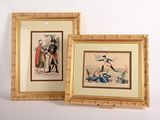 two framed pictures of a man and a woman with umbrellas