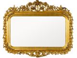 un miroir encadré d'or sur un mur blanc avec un fond blanc