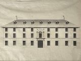 an old drawing of a building with a clock on top of it