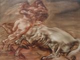 un tableau représentant un homme à cheval qui est en train de tomber par terre