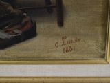 a painting of a man sitting in a chair with his feet on a suitcase