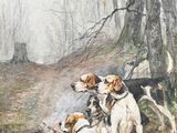 painting of a group of dogs resting by a tree in a wooded area