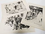 three black and white drawings of people on a white surface