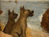 tableau représentant trois chiens sur une plage, avec un voilier en arrière-plan