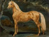 une peinture à l'huile représentant un cheval debout dans un bosquet