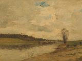 an image of a painting of cows by a river with a sky in the background