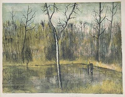 drawing of a painting of a pond with trees and a bench