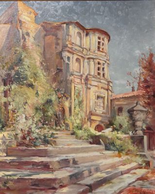 une peinture représentant un vieux bâtiment avec un escalier qui monte le long de celui-ci